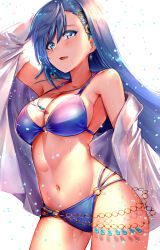 Rule 34 | 1girl, ankomochi142, arm up, bikini, blue bikini, blue eyes, blue gemstone, blue hair, breasts, cleavage, collarbone, cowboy shot, earrings, from side, gem, hair ornament, hairclip, highres, jewelry, long hair, looking at viewer, maria traydor, medium breasts, navel, necklace, o-ring, o-ring bikini, o-ring bottom, open mouth, revision, smile, solo, standing, star ocean, star ocean anamnesis, star ocean till the end of time, string bikini, swimsuit, wet, white background