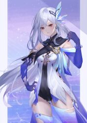 Rule 34 | 1girl, artist request, breasts, butterfly hair ornament, cowboy shot, detached sleeves, genshin impact, gradient gloves, gradient legwear, grey hair, hair between eyes, hair ornament, highres, long hair, looking at viewer, medium breasts, parted lips, purple sleeves, red eyes, skirk (genshin impact), smile, solo, star (symbol), starry background, thighs, very long hair