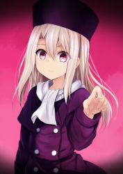 Rule 34 | 1girl, breasts, closed mouth, eyelashes, fate/stay night, fate (series), fur hat, hair between eyes, hat, highres, illyasviel von einzbern, jacket, long hair, long sleeves, looking at viewer, papakha, pink background, pointing, purple hat, purple jacket, red eyes, scarf, sen (astronomy), small breasts, white hair, white scarf