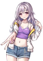 Rule 34 | 1girl, bare shoulders, blush, collarbone, commentary, cowboy shot, denim, denim shorts, foreshortening, grey hair, grin, hair between eyes, hair ornament, hairclip, hand up, head tilt, highres, kinoshita kaede, long hair, looking at viewer, nail polish, navel, ncontrail (mgax7527), off shoulder, outstretched arm, purple nails, purple shirt, red eyes, shirt, shorts, sidelocks, simple background, sketch, smile, solo, standing, star (symbol), star print, stomach, tenshi souzou re-boot!, thick eyebrows, v, wavy hair, white background