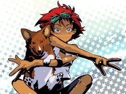 Rule 34 | 1girl, androgynous, animal hands, bare arms, black shorts, blush, cofffee, cowboy bebop, dog, dog paws, edward wong hau pepelu tivrusky iv, ein (cowboy bebop), feet out of frame, flat chest, goggles, goggles on head, indian style, looking at viewer, messy hair, orange eyes, outstretched arms, patterned background, red hair, shirt, short hair, shorts, sitting, sleeveless, sleeveless shirt, smile, tan, tank top, tongue, tongue out, welsh corgi, white shirt