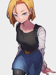 Rule 34 | 1girl, android 18, belt, black pantyhose, blonde hair, blue eyes, blue skirt, breasts, closed mouth, dragon ball, dragonball z, earrings, jewelry, kemachiku, long sleeves, looking at viewer, medium breasts, pantyhose, shirt, short hair, skirt, solo