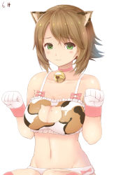Rule 34 | 10s, 1girl, :3, adapted costume, alternate costume, animal ears, bad id, bad pixiv id, bell, blush, bow, bow panties, breasts, brown hair, calico, camouflage, cat cutout, cat ears, cat lingerie, choker, cleavage cutout, closed mouth, clothing cutout, collarbone, eyebrows, frills, gloves, green eyes, hands up, highres, jingle bell, kantai collection, large breasts, looking at viewer, meme attire, mole, mole on breast, mutsu (kancolle), navel, neck bell, panties, paw pose, pink bow, pink ribbon, rapids (opsc), ribbon, short hair, simple background, sitting, solo, stomach, swept bangs, underwear, underwear only, upper body, white background, white gloves, white panties, wrist cuffs