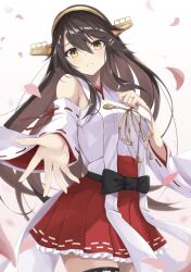Rule 34 | 1girl, black hair, boots, brown eyes, commentary request, detached sleeves, foreshortening, gensoukitan, hair ornament, hairband, hairclip, hakama, hakama short skirt, hakama skirt, haruna (kancolle), headgear, highres, japanese clothes, kantai collection, long hair, looking at viewer, parted lips, reaching, reaching towards viewer, red hakama, red skirt, ribbon-trimmed sleeves, ribbon trim, simple background, skirt, solo, thigh boots, white background