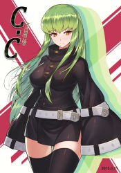 Rule 34 | 1girl, alternate costume, belt, breasts, buckle, c.c., code geass, dress, green hair, highres, huang xie, impossible clothes, long hair, short dress, solo, thighhighs, yellow eyes