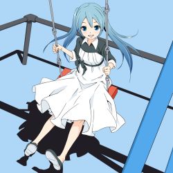 Rule 34 | 1girl, aqua eyes, aqua hair, blue background, blue shirt, collared shirt, commentary, dress, from above, full body, hatsune miku, light smile, looking at viewer, medium hair, open mouth, outstretched legs, shadow, shirt, sitting, solo, soukun s, swing, twintails, vocaloid, lat model (mikumikudance), white dress