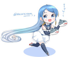 Rule 34 | 1girl, black gloves, black neckerchief, black sailor collar, black thighhighs, blue eyes, blue hair, commentary request, dated, elbow gloves, full body, gloves, gradient hair, hand puppet, kantai collection, long hair, looking at viewer, masara (chuujou), multicolored hair, neckerchief, one-hour drawing challenge, puppet, sailor collar, samidare (kancolle), school uniform, serafuku, shark, shirt, simple background, sleeveless, sleeveless shirt, solo, swept bangs, thighhighs, twitter username, very long hair, white background, white serafuku