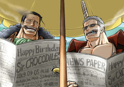 Rule 34 | 2boys, ascot, beard stubble, black hair, cigar, collared shirt, crocodile (one piece), eye contact, facial hair, grin, hair slicked back, holding, holding newspaper, hook hand, kokorozashi, looking at another, male focus, mature male, multiple boys, newspaper, one piece, pectoral cleavage, pectorals, scar, scar on face, scar on nose, shared umbrella, shirt, short hair, smile, smoker (one piece), smoking, stitches, stubble, sunglasses, thick neck, trait connection, umbrella, upper body