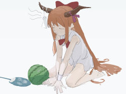 Rule 34 | 1girl, absurdres, arm support, bare arms, bare legs, barefoot, bow, bowtie, brown horns, closed eyes, closed mouth, food, fruit, grey background, hair bow, hand fan, highres, horn ornament, horn ribbon, horns, ibuki suika, long hair, notice lines, orange hair, paper fan, purple ribbon, red bow, red bowtie, reisende1969, ribbon, shirt, sidelocks, simple background, sitting, sketch, sleeveless, sleeveless shirt, solo, teruterubouzu, touhou, wariza, watermelon, wavy mouth, white shirt