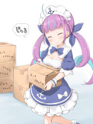 Rule 34 | 1girl, ahoge, anchor symbol, blush, box, braid, breast rest, breasts, breasts on box, cardboard box, carried breast rest, carrying, closed eyes, colored inner hair, commentary request, drill hair, frilled skirt, frills, hair ribbon, highres, hololive, long hair, maid headdress, medium breasts, minato aqua, minato aqua (1st costume), multicolored hair, pirason, purple hair, ribbon, saliva, simple background, skirt, solo, twin drills, twintails, virtual youtuber, white background