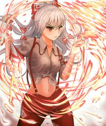 Rule 34 | &gt;:), 1girl, bad id, bad pixiv id, bow, breasts, collarbone, commentary request, cowboy shot, fire, fire, fujiwara no mokou, gradient background, grey background, hair between eyes, hair bow, hands up, highres, long hair, looking at viewer, medium breasts, midriff, navel, ofuda, pants, parted lips, partial commentary, puffy short sleeves, puffy sleeves, red eyes, red pants, revision, shirt, short sleeves, silver hair, sleeves rolled up, smile, solo, standing, stomach, suspenders, tied shirt, touhou, turisasu, v-shaped eyebrows, white background, white bow