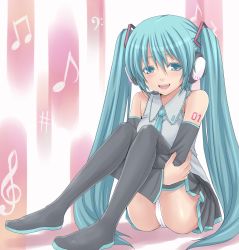 Rule 34 | 1girl, amane hasuhito, aqua eyes, aqua hair, ass, bad anatomy, bad id, bad pixiv id, boots, detached sleeves, female focus, gradient background, hatsune miku, headphones, headset, hugging own legs, long hair, musical note, necktie, panties, pantyshot, sitting, skirt, smile, solo, thigh boots, thighhighs, twintails, underwear, very long hair, vocaloid