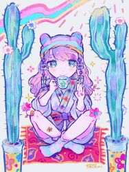 Rule 34 | 1girl, beanie, blue eyes, bow, cactus, closed mouth, crossed ankles, cup, flower, full body, hands up, hat, highres, holding, holding cup, kiato, long hair, looking at viewer, no shoes, original, pink flower, pink hair, purple bow, purple robe, robe, rug, signature, sitting, socks, solo, striped clothes, striped socks, wide sleeves