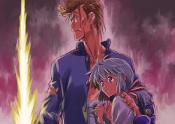 Rule 34 | 1boy, 1girl, bandages, blood, blood on face, blue hair, brown hair, energy sword, height difference, isedaichi ken, kuwabara kazuma, pompadour, ponytail, red eyes, revision, sword, torn clothes, weapon, yukina, yukina (yu yu hakusho), yuu yuu hakusho
