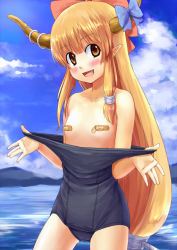Rule 34 | 1girl, :d, bad id, bad pixiv id, bandaid, bandaids on nipples, bare shoulders, bow, clothes pull, face, fang, female focus, flat chest, hair bow, horns, ibuki suika, long hair, nishiuri, one-piece swimsuit, one-piece swimsuit pull, open mouth, orange hair, pasties, pointy ears, school swimsuit, smile, solo, swimsuit, touhou, yellow eyes
