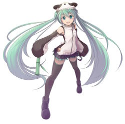 Rule 34 | 1girl, absurdres, bamboo, green eyes, green hair, hatsune miku, highres, long hair, looking at viewer, matching hair/eyes, open mouth, panda hat, panties, side-tie panties, simple background, skirt, sleeves past wrists, solo, thighhighs, twintails, underwear, very long hair, vocaloid, white background