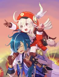 Rule 34 | 1boy, 1girl, ahoge, arm up, backpack, bag, black gloves, blonde hair, blue hair, brown gloves, cabbie hat, cape, carrying, clover, dark skin, dress, explosion, closed eyes, feathers, fingerless gloves, fire, genshin impact, gloves, hair between eyes, happy, hat, hat feather, highres, iwatobi hiro, kaeya (genshin impact), klee (genshin impact), long sleeves, low twintails, multicolored hair, open mouth, piggyback, pointy ears, red dress, red eyes, sidelocks, smile, streaked hair, twintails, white feathers