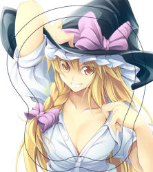Rule 34 | 1girl, blonde hair, breasts, cleavage, female focus, fuyuwa kotatsu, grin, hair ribbon, hat, kirisame marisa, open clothes, open shirt, ribbon, shirt, simple background, smile, solo, touhou, undressing, white background, witch hat, yellow eyes