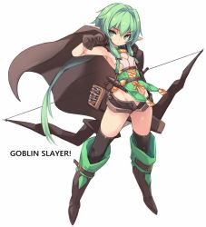 Rule 34 | 1girl, armpits, arrow (projectile), black gloves, black thighhighs, boots, bow (weapon), breasts, brown cape, brown gloves, brown shorts, cape, commentary request, copyright name, full body, gloves, goblin slayer!, green eyes, green hair, groin, hand up, high elf archer (goblin slayer!), highres, holding, holding bow (weapon), holding weapon, karukan (monjya), knee boots, looking at viewer, navel, open clothes, open shorts, pointy ears, quiver, short hair, short shorts, shorts, simple background, small breasts, solo, standing, thighhighs, weapon, white background