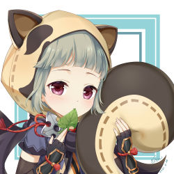 Rule 34 | 1girl, animal ears, animal hood, black gloves, black sleeves, blue shirt, blush, cen (cenll), closed mouth, commentary request, detached sleeves, fake animal ears, fingerless gloves, genshin impact, gloves, grey hair, hands up, highres, hood, leaf, long sleeves, looking at viewer, mouth hold, purple eyes, raccoon ears, raccoon hood, raccoon tail, sayu (genshin impact), shirt, short sleeves, shuriken, solo, tail, upper body, weapon