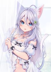 Rule 34 | 1girl, ahoge, animal ear fluff, animal ears, babydoll, bare shoulders, blue eyes, blurry, blurry background, blush, breasts, cat ears, cat girl, cat tail, cleavage, clover hair ornament, commentary request, curtains, day, depth of field, detached sleeves, fang, four-leaf clover hair ornament, frills, grey hair, hair between eyes, hair ornament, hands up, highres, indoors, long hair, looking at viewer, medium breasts, mole, mole under eye, momoirone, navel, original, parted lips, puffy short sleeves, puffy sleeves, short sleeves, solo, tail, transparent, very long hair, white sleeves, window, wrist cuffs
