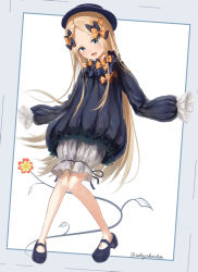 Rule 34 | 1girl, :d, abigail williams (fate), black bow, black dress, black footwear, black hat, blonde hair, bloomers, blue eyes, blush, bow, bug, butterfly, commentary request, dress, fate/grand order, fate (series), flower, full body, hair bow, hat, insect, long hair, long sleeves, looking at viewer, multiple hair bows, open mouth, orange bow, parted bangs, polka dot, polka dot bow, sakazakinchan, shoes, sleeves past fingers, sleeves past wrists, smile, solo, twitter username, underwear, very long hair, white bloomers, yellow flower