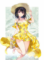 Rule 34 | 1girl, arm up, bare legs, bare shoulders, barefoot, bead bracelet, beads, black hair, bracelet, breasts, cleavage, clothing cutout, collarbone, commentary request, detached sleeves, dress, earrings, floral print, flower earrings, hand on headwear, hat, high heels, highres, holding, holding shoes, jewelry, leg up, long hair, looking at viewer, medium breasts, navel, navel cutout, off-shoulder dress, off shoulder, original, print dress, print shorts, purple eyes, sanbasou, shoes, unworn shoes, short shorts, short sleeves, shorts, sidelocks, solo, standing, standing on one leg, strapless, strapless dress, straw hat, sunflower print, yellow dress, yellow shorts