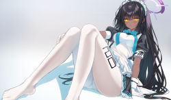 Rule 34 | 1girl, apron, ass, blue archive, blue neckwear, blush, breasts, dark-skinned female, dark halo, dark skin, feet, foot out of frame, gloves, halo, hand on own knee, highres, karin (blue archive), komiya nigi, legs, long hair, looking at viewer, maid, maid headdress, no shoes, pantyhose, parted lips, purple halo, short sleeves, simple background, sitting, skirt, soles, solo, tan, white apron, white gloves, white pantyhose, yellow eyes