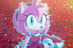 Rule 34 | 1girl, :o, amy rose, animal nose, boots, bracelet, dress, flower, furry, furry female, green eyes, hairband, hologram, jewelry, kiioki11, looking at viewer, on ground, open mouth, red dress, red flower, red hairband, red rose, rose, solo, sonic (series), sonic frontiers