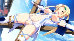 Rule 34 | 1girl, bad tag, bdsm, blonde hair, blush, bondage, bound, bound legs, bound wrists, breast cutout, breasts, censored, closed eyes, crotch cutout, crucifixion, elbow gloves, frontwing, game cg, gloves, hoshikawa yuzuha, kuuchuu yousai, long hair, makai tenshi djibril, mosaic censoring, nipples, open mouth, outdoors, outstretched arms, peeing, pussy, rope, sengoku tenshi djibril, spread arms, spread legs, teeth, thighhighs, torn clothes, twintails, upper teeth only, x frame
