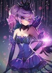 Rule 34 | 1girl, arm behind back, bad id, bad pixiv id, bare shoulders, blush, breasts, choker, cleavage, dark elementalist lux, dress, elbow gloves, elementalist lux, fake wings, gloves, hanato (seonoaiko), hat, head tilt, league of legends, long hair, lux (league of legends), medium breasts, purple dress, purple eyes, purple gloves, purple hair, short dress, side ponytail, solo, staff, strapless, strapless dress, wavy mouth, wings