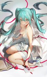 Rule 34 | 1girl, aqua eyes, aqua hair, bare arms, bare shoulders, blush, book, breasts, cleavage, criss-cross halter, dress, hair between eyes, halterneck, hatsune miku, heart, high heels, highres, letter, long hair, looking at viewer, medium breasts, open book, open mouth, red ribbon, ribbon, seiza, sidelocks, simple background, sitting, sleeveless, solo, twintails, ugi 144, very long hair, vocaloid, wax seal, white background, white dress