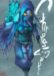 Rule 34 | 1girl, belt, chain, defense of the ancients, dota (series), dota 2, english text, exaxuxer, faceless void, gender request, genderswap, gloves, mace, personification, solo, watch, weapon