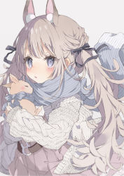 Rule 34 | 1girl, animal, animal ear fluff, animal ears, black bow, blue scarf, blush, bow, braid, brown hair, brown skirt, commentary request, grey background, hair bow, highres, jacket, long hair, long sleeves, original, parted lips, pleated skirt, puffy long sleeves, puffy sleeves, rabbit, rabbit ears, scarf, simple background, skirt, sleeves past wrists, solo, thick eyebrows, toma tokage, twintails, very long hair, white jacket
