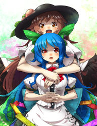 Rule 34 | 2girls, blue hair, blush, bow, breast pillow, breasts, brown hair, eyebrows, food, fruit, hair bow, hat, unworn hat, unworn headwear, headwear switch, height difference, hinanawi tenshi, hug, hug from behind, large breasts, long hair, medium breasts, multiple girls, open mouth, peach, red eyes, reiuji utsuho, smile, thick eyebrows, touhou, umigarasu (kitsune1963), wings