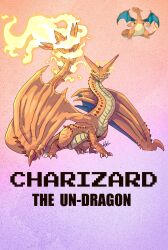 absurdres charizard colored_skin creatures_(company) dragon english_text fangs fire game_freak gen_1_pokemon glowing glowing_eyes gradient_background grey_background highres lluisabadias nintendo orange_skin pokemon pokemon_(creature) scales wings