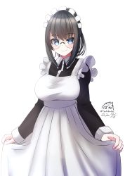 Rule 34 | 1girl, alternate costume, apron, black dress, black hair, blue eyes, breasts, closed mouth, collared dress, copyright request, dated, dress, enmaided, frilled apron, frills, glasses, hair between eyes, highres, juliet sleeves, large breasts, long sleeves, looking at viewer, maid, maid apron, maid headdress, nekobaka, puffy sleeves, round eyewear, sidelocks, signature, simple background, smile, solo, twitter username, virtual youtuber, white apron, white background