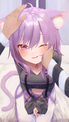 Rule 34 | 1girl, ;), absurdres, ahoge, animal ear fluff, animal ears, black hoodie, blush, breasts, cat ears, cat girl, cat tail, cropped hoodie, drawstring, from above, hair between eyes, hand on another&#039;s head, headpat, heart, heart-shaped pupils, highres, hololive, hood, hoodie, long hair, long sleeves, medium breasts, midriff, nanome to, nekomata okayu, nekomata okayu (1st costume), one eye closed, own hands together, pants, parted lips, pink eyes, pov, pov hands, purple hair, sitting, smile, symbol-shaped pupils, tail, v arms, virtual youtuber, white pants