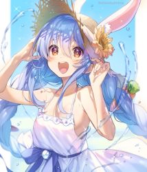 Rule 34 | 1girl, :d, animal ears, blue hair, blue ribbon, braid, breasts, brown eyes, brown hat, carrot hair ornament, dress, flower, flower hat, food-themed hair ornament, hair between eyes, hair ornament, hands up, hat, highres, hololive, long hair, looking at viewer, open mouth, rabbit-shaped pupils, rabbit ears, ribbon, shuri (84k), sleeveless, sleeveless dress, small breasts, smile, solo, straw hat, sundress, sunflower, symbol-shaped pupils, teeth, thick eyebrows, twin braids, upper teeth only, usada pekora, virtual youtuber, white dress