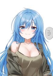 Rule 34 | 1girl, :3, absurdres, blue eyes, blue hair, blush, breasts, cleavage, closed mouth, collarbone, commentary, elie wayne, english commentary, english text, highres, jacket, jan azure, large breasts, long hair, long sleeves, looking at viewer, off shoulder, open clothes, open jacket, original, simple background, smile, solo, speech bubble, split mouth, upper body, white background