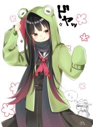 Rule 34 | 1boy, 1girl, :d, abe suke, animal hood, arm up, black hair, black sailor collar, black scarf, black serafuku, black shirt, black skirt, blush, closed eyes, closed mouth, commentary request, fate/grand order, fate (series), frog hood, gradient hair, green jacket, hat, highres, hood, hood up, hooded jacket, horizontal pupils, jacket, long hair, long sleeves, multicolored hair, neckerchief, open clothes, open jacket, open mouth, oryou (fate), pleated skirt, puffy long sleeves, puffy sleeves, red eyes, red hair, red neckerchief, sailor collar, sakamoto ryouma (fate), scarf, school uniform, serafuku, shirt, simple background, skirt, sleeves past fingers, sleeves past wrists, smile, smug, solo focus, sparkle, spoken sweat, torn clothes, torn neckerchief, very long hair, white background