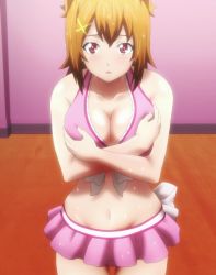 Rule 34 | 1girl, bare shoulders, bikini, blush, breasts, brown hair, cleavage, collarbone, covering breasts, covering privates, crossed arms, female focus, fingernails, frilled bikini, frills, front-tie top, hair between eyes, hair ornament, highres, indoors, kushiya inaho, looking at viewer, maken-ki!, navel, open mouth, pink bikini, red eyes, screencap, shiny skin, short hair, solo, standing, stitched, swimsuit, takami akio, thigh gap, third-party edit, wet, wet hair