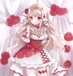 Rule 34 | 1girl, arms behind back, backlighting, blonde hair, blush, borrowed character, closed mouth, collarbone, cowboy shot, curtains, dot mouth, dress, eiru olibia, flower, frilled sleeves, frills, highres, indie virtual youtuber, long hair, myaco9, princess, red dress, red eyes, red flower, red rose, rose, short sleeves, solo, standing, thighhighs, tiara, two-tone dress, virtual youtuber, white dress, white thighhighs, window