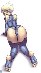 Rule 34 | 1girl, all fours, ass, blonde hair, blue gloves, blue leotard, blue thighhighs, blush, cleft of venus, fang, fingerless gloves, from behind, gloves, green eyes, highres, leotard, looking at viewer, looking back, open mouth, short hair, smile, sweatdrop, teeth, thighhighs, white background, zeshgolden