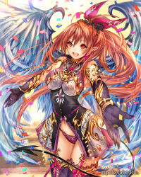 Rule 34 | 1girl, :d, blush, bracelet, breasts, brown hair, confetti, demon tail, eikou no guardian battle, feathered wings, gloves, highres, jewelry, lace, lace-trimmed legwear, lace trim, long hair, madogawa, navel, official art, open mouth, pointy ears, ponytail, red eyes, ring, smile, solo, tail, thighhighs, wings