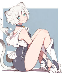 Rule 34 | 1girl, animal ears, animal hood, bare shoulders, bell, black dress, blue background, blue eyes, breasts, cat, cat ears, cat girl, cat hood, cat tail, choker, closed mouth, commentary, cropped jacket, dress, foot out of frame, from side, geryuganshoop, highres, hood, hood down, hooded jacket, jacket, kneehighs, knees up, looking at viewer, looking to the side, neck bell, original, paw print, putting on shoes, reaching, sack, shoes, short dress, short hair, sitting, sleeveless, sleeveless jacket, smile, socks, stretching, tail, tsukudani yosuke, white footwear, white hair, wristband