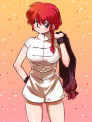 Rule 34 | 1girl, amano ren, blue eyes, bottomless, braid, braided ponytail, chinese clothes, gender request, genderswap, highres, long hair, ponytail, ranma-chan, ranma 1/2, red hair, saotome ranma, single braid, solo, wristband
