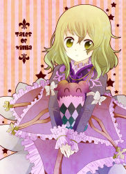 Rule 34 | 1girl, ^ ^, blonde hair, bow, closed eyes, copyright name, dress, elize lutus, closed eyes, frills, green eyes, long hair, nago celica, nagocelica, ribbon, solo, star (symbol), tales of (series), tales of xillia, teepo (tales), v arms