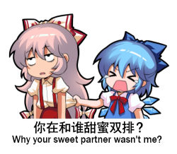 Rule 34 | &gt; &lt;, 2girls, bilingual, blue dress, blue hair, blue ribbon, bow, chibi, chinese commentary, chinese text, cirno, closed eyes, clothes pull, collared shirt, commentary request, dress, english text, engrish text, fujiwara no mokou, hair between eyes, hair bow, hair ribbon, ice, ice wings, jokanhiyou, long hair, lowres, mixed-language text, multiple girls, neck ribbon, open mouth, pants, pink hair, puffy short sleeves, puffy sleeves, pulling another&#039;s clothes, ranguage, red pants, red ribbon, ribbon, rolling eyes, shirt, shirt pull, short sleeves, simple background, suspenders, tearing up, touhou, upper body, v-shaped eyebrows, very long hair, white background, white bow, wings