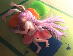 Rule 34 | 1girl, animal ears, bad id, bad pixiv id, barefoot, carrot-shaped pillow, colored eyelashes, curled fingers, fuji tarawi, highres, indoors, light particles, light purple hair, long hair, lying, on side, open mouth, puffy short sleeves, puffy sleeves, rabbit ears, rabbit girl, rabbit tail, red skirt, reisen udongein inaba, shirt, short sleeves, skirt, sleeping, solo, sunlight, tail, tassel, tatami, touhou, very long hair, white shirt